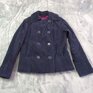 GAP Corduroy Double Breasted Blazer Jacket Blue Sz‎ S Satin Lined Pea Coat